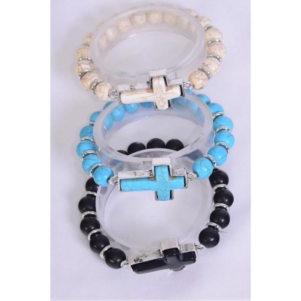 3 for $35 🌟Sideway cross 10mm semi precious stone stretch bracelet🌟🌟